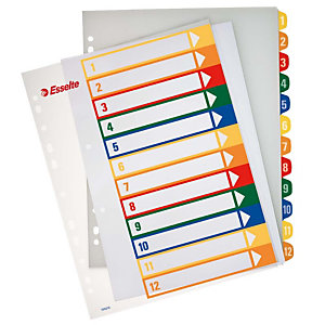 Esselte Separadores numéricos 1-12, A4+, polipropileno, 12 pestañas, colores surtidos