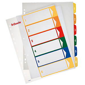 Esselte Separadores numéricos 1-6, A4+, polipropileno, 6 pestañas, colores surtidos Esselte Separadores numéricos 1-6, A4+, polipropileno, 6 pestañas, colores surtidos