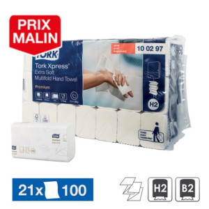 Essuie-mains enchevêtrés Tork Xpress Premium Extra Soft H2, 21 paquets de 100