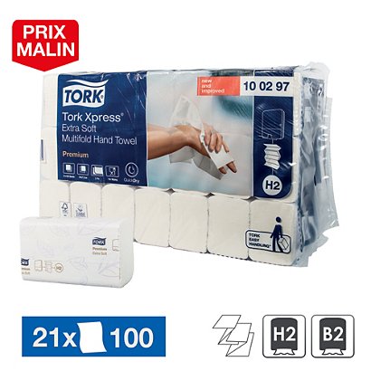 Essuie-mains enchevêtrés Tork Xpress Premium Extra Soft H2, 21 paquets de 100 - 1