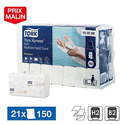 Essuie-mains enchevêtrés Tork XPress Soft H2, 21 paquets de 150 - 1