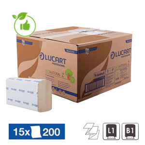 Essuie-mains pliés enchevêtrés Lucart EcoNatural, lot de 15x200 soit 3000 Essuie-mains pliés enchevêtrés Lucart EcoNatural, lot de 15x200 soit 3000