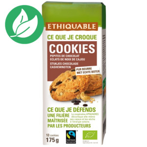Ethiquable Cookies bio avec des pépites de chocolat et éclats de noix de cajou - Lot de 9 sachets de 175 g