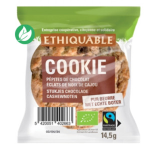 Ethiquable Cookies bio avec des pépites de chocolat et éclats de noix de cajou - Lot de 90 sachets individuels de 14,5 g