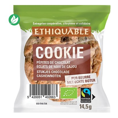 Ethiquable Cookies bio avec des pépites de chocolat et éclats de noix de cajou - Lot de 90 sachets individuels de 14,5 g