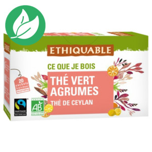 Ethiquable Thé vert agrumes Ceylan Bio et équitable - 20 sachets fraîcheur recyclables en infusette