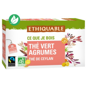 Ethiquable Thé vert agrumes Ceylan Bio et équitable - 20 sachets fraîcheur recyclables en infusette