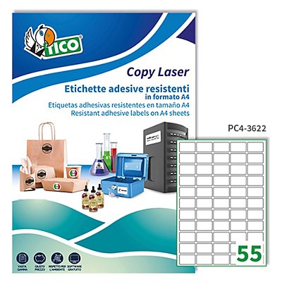 Etichetta in poliestere PC4 -  adatta a stampanti laser - permanente - 36x22 mm - 55 etichette per foglio - trasparenti - Tico - conf. 100 fogli A4