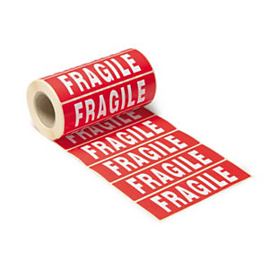 Etiquette adhésive pré-imprimée ''FRAGILE'' - Rouleau de 500 étiquettes 14 x 4 cm