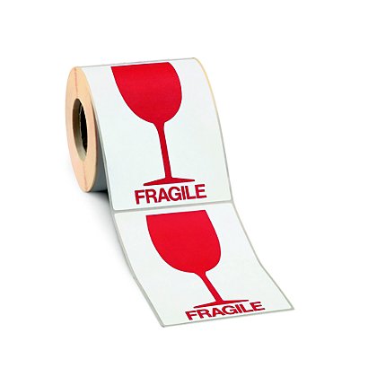 Etiquette adhésive pré-imprimée ''FRAGILE'' avec un verre rouge - 1000 étiquettes 9 x 13 cm - lot de 1000 - 1