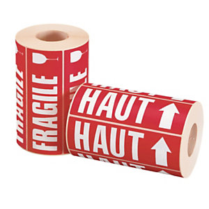 Etiquette adhésive pré-imprimée ''HAUT'' - Rouleau de 500 étiquettes 16,5 x 5,5 cm