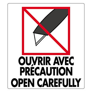 Étiquette d'expedition Ouvrir avec precaution Open carefully 90x100 mm