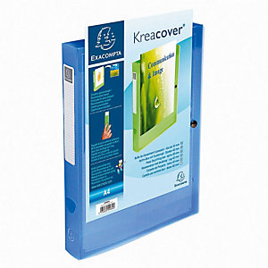 Exacompta Boîte de classement Kreacover® A4 avec fermeture par bouton pression et pochette frontale transparente, 240 x 330 x 40 mm, polypropylène chromaline, transparent, bleu