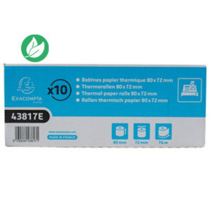 Exacompta Bobine tickets de caisse 80 x 72 x 12 mm - Longueur 76M - 43817E - Rouleau Papier thermique 1 pli 48 g sans Bisphénol A - Lot de 10 Exacompta Bobine tickets de caisse 80 x 72 x 12 mm - Longueur 76M - 43817E - Rouleau Papier thermique 1 pli 48 g sans Bisphénol A - Lot de 10