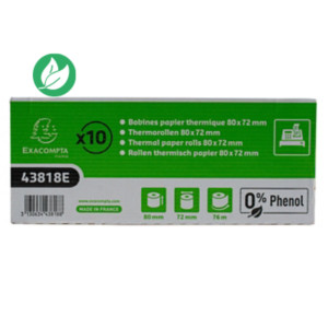 Exacompta Bobine tickets de caisse 80 x 72 x 12 mm - Longueur 76M - 43818E - Rouleau papier thermique  1 pli 48g sans phénol - Lot de 10 Exacompta Bobine tickets de caisse 80 x 72 x 12 mm - Longueur 76M - 43818E - Rouleau papier thermique  1 pli 48g sans phénol - Lot de 10