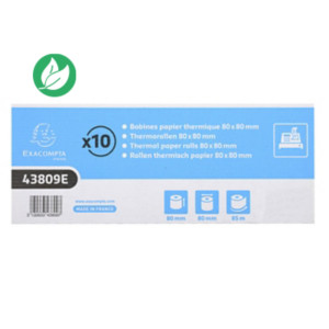 Exacompta Bobine tickets de caisse 80 x 80 x 12 mm - Longueur 85M - 43809E - Rouleau Papier thermique 1 pli 48g sans Bisphénol A - Lot de 10 Exacompta Bobine tickets de caisse 80 x 80 x 12 mm - Longueur 85M - 43809E - Rouleau Papier thermique 1 pli 48g sans Bisphénol A - Lot de 10