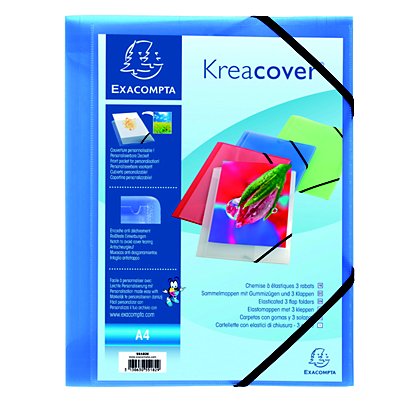 Exacompta Carpeta con cierre elástico y 3 solapas Kreacover®, A4, 200 hojas, portada personalizable, polipropileno, azul transparente