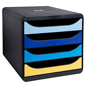 EXACOMPTA Cassettiera a 4 cassetti aperti Big-Box, Linea Bee Blue, Struttura Nera, Cassetti Colori Assortiti