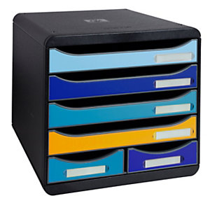 EXACOMPTA Cassettiera a 6 cassetti aperti Big-Box Maxi, Linea Bee Blue, Struttura Nera, Cassetti Colori Assortiti