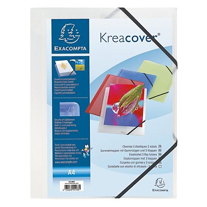 Exacompta Chemise Kreacover® A4  à 3 rabats et à fermeture élastique - Couverture polypro personnalisable - Blanc transparent - 1