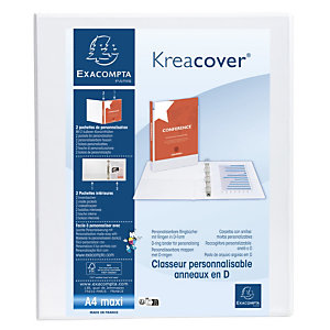 EXACOMPTA Classeur personnalisable rigide 2 poches KreaCover - 4 anneaux en D 30mm - A4 maxi - Blanc