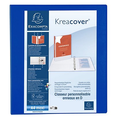 EXACOMPTA Classeur PP personnalisable Kreacover - 4 anneaux en D 40mm - A4 maxi - Bleu - 1