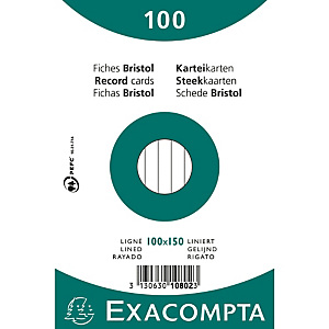 EXACOMPTA Paquet 100 fiches sous film - bristol ligné non perforé 100x150mm - Blanc