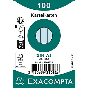 EXACOMPTA Paquet 100 fiches sous film - bristol ligné non perforé 55x74mm - Azur