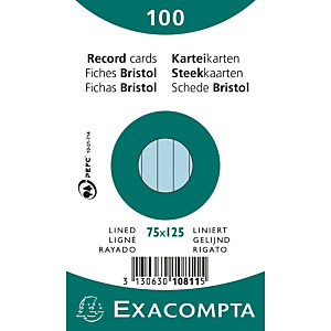 EXACOMPTA Paquet 100 fiches sous film - bristol ligné non perforé 75x125mm - Azur