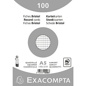 EXACOMPTA Paquet 100 fiches sous film - bristol quadrillé 5x5 non perforé 148x210mm - Blanc