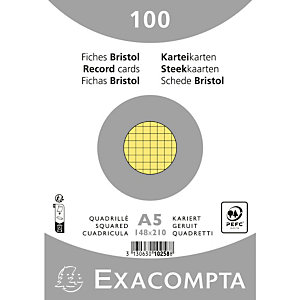 EXACOMPTA Paquet 100 fiches sous film - bristol quadrillé 5x5 non perforé 148x210mm - Jaune