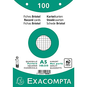 EXACOMPTA Paquet 100 fiches sous film - bristol quadrillé 5x5 perforé 148x210mm - Blanc
