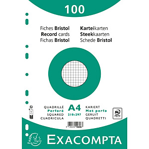 EXACOMPTA Paquet 100 fiches sous film - bristol quadrillé 5x5 perforé- 210x297mm - Blanc