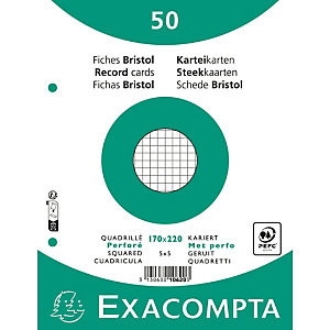 EXACOMPTA Paquet 50 fiches sous film - bristol quadrillé 5x5 perforé 170x220mm - Blanc