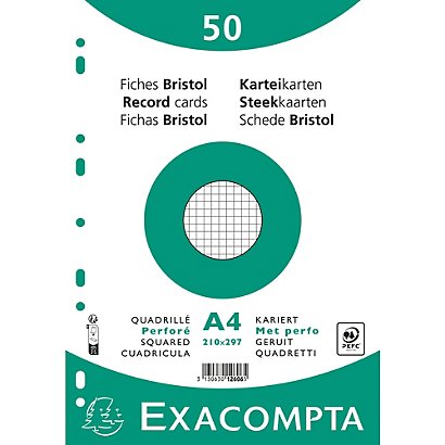 EXACOMPTA Paquet 50 fiches sous film - bristol quadrillé 5x5 perforé 210x297mm - Blanc - 1