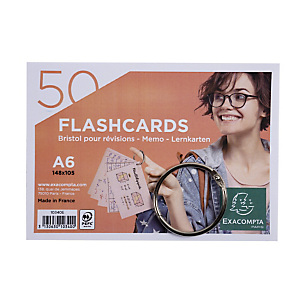 EXACOMPTA Paquet de 50 Flashcards sous film + anneau - bristol ligné perforé - format A6 - Couleurs assorties