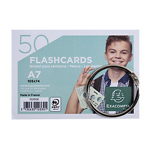 EXACOMPTA Paquet de 50 Flashcards sous film + anneau - bristol ligné perforé - format A7 - Couleurs assorties