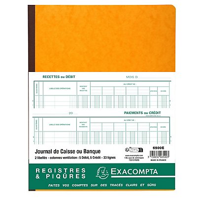 EXACOMPTA Piqûre 32x25cm Journal de caisse ou banque 5 débit - 5 crédit 33 lignes 80 pages - Couleurs assorties