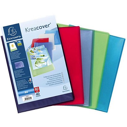 Exacompta Porte-vues Kreacover® A4, 40 pochettes transparentes cristal, couverture personnalisable semi-rigide en polypropylène recyclé, couleurs assorties - lot de 20
