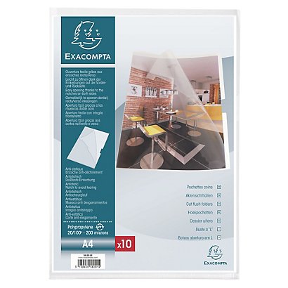 EXACOMPTA Sachet de 10 pochettes coin avec encoches polypropylène lisse rigide Haute Qualité 20/100e - A4 - Cristal - 1