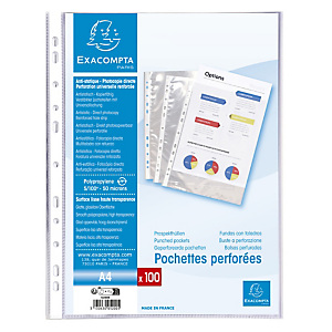 EXACOMPTA Sachet de 100 pochettes perforées polypropylène lisse 5/100e - A4. - Cristal