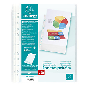 EXACOMPTA Sachet de 50 pochettes perforées polypropylène grainé 5/100e - A4 - Cristal