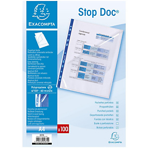 Exacompta Stop Doc, Pochette perforée A4 à ouverture en coin, polypropylène 6/100 e, 11 trous, transparente - paquet 100 unités Exacompta Stop Doc, Pochette perforée A4 à ouverture en coin, polypropylène 6/100 e, 11 trous, transparente - paquet 100 unités