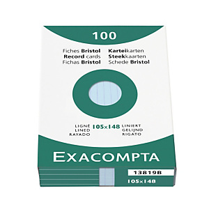 EXACOMPTA Étui de 100 fiches - bristol ligné non perforé 105x148mm - Azur