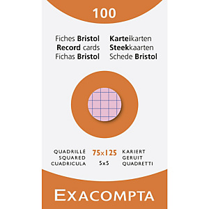 EXACOMPTA Étui de 100 fiches - bristol quadrillé 5x5 non perforé 75x125mm - Couleurs assorties