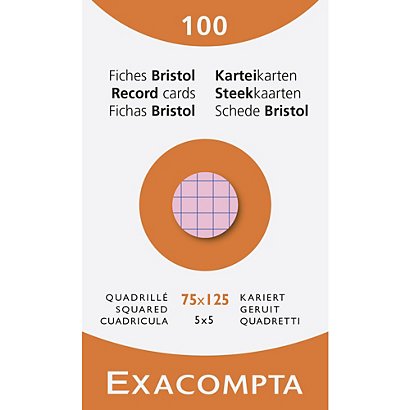 EXACOMPTA Étui de 100 fiches - bristol quadrillé 5x5 non perforé 75x125mm - Couleurs assorties - 1