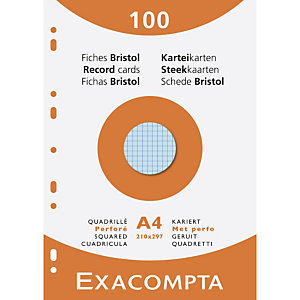 EXACOMPTA Étui de 100 fiches - bristol quadrillé 5x5 perforé 210x297mm - Couleurs assorties