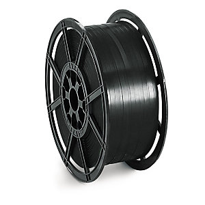 Extruded polyester strapping on plastic reels