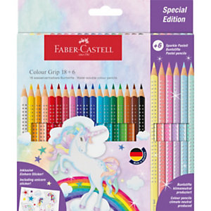 FABER-CASTELL Colour Grip Unicorno 18 Matite colorate, Colori Assortiti + 6 Matite colorate Sparkle, Colori Assortiti Pastello