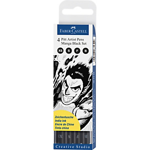 Faber-Castell Pitt Manga Rotulador de fibra, estuche de 4, tonos negros